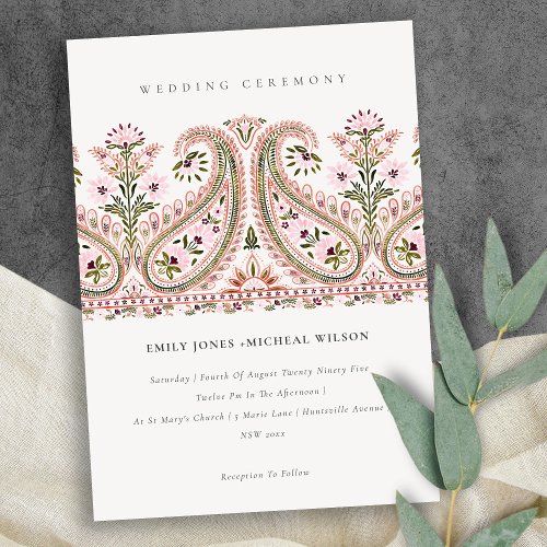 Pink Green Floral Paisley Motif Wedding Invite