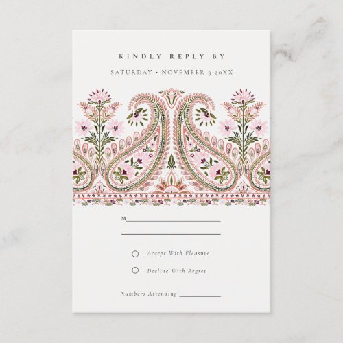 Pink Green Floral Paisley Motif Wedding RSVP Enclosure Card