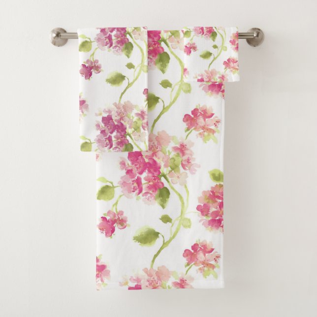 Pink Green Floral Pattern Bath Towel Set (Insitu)