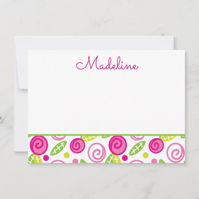 Pink & Green Floral Personalized Flat Note cards (Front)