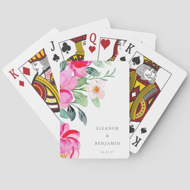 Pink Green Floral Personalized Wedding Favor Poker Cards (Back)