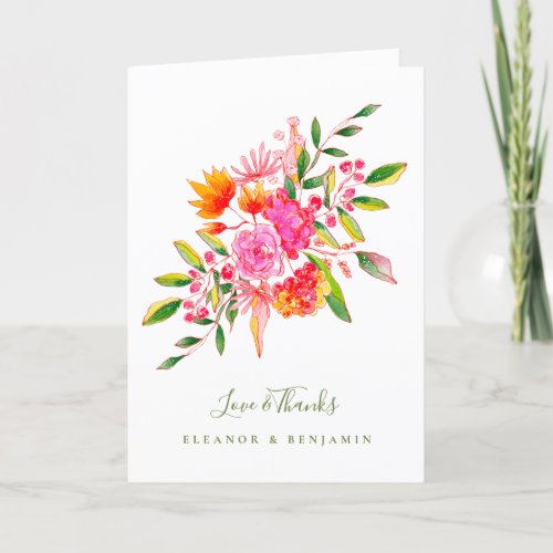 Pink Green Floral Photo Wedding Message Folded Thank You Card