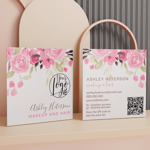 Pink green floral qr code logo hair makeup square business card