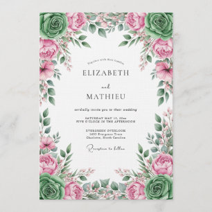 Pink Green Floral Romance Wedding Invitation
