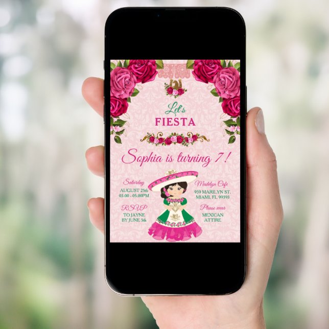 Pink & Green Floral Rose Cute Girl Turning 7 Invitation (Front Digital)