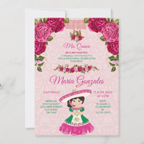 Pink  Green Floral Rose Fiesta Mexican Mis Quince Invitation