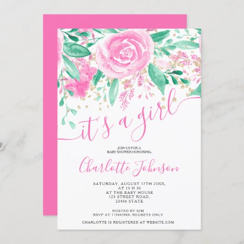 Pink green floral rose watercolor girl baby shower invitation