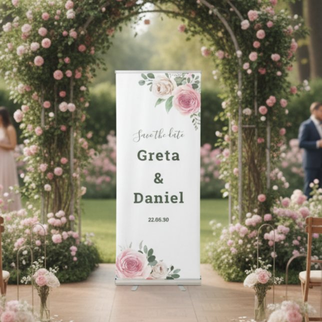 Pink Green Floral Roses Rustic Wedding Vertical  Retractable Banner (Creator Uploaded)