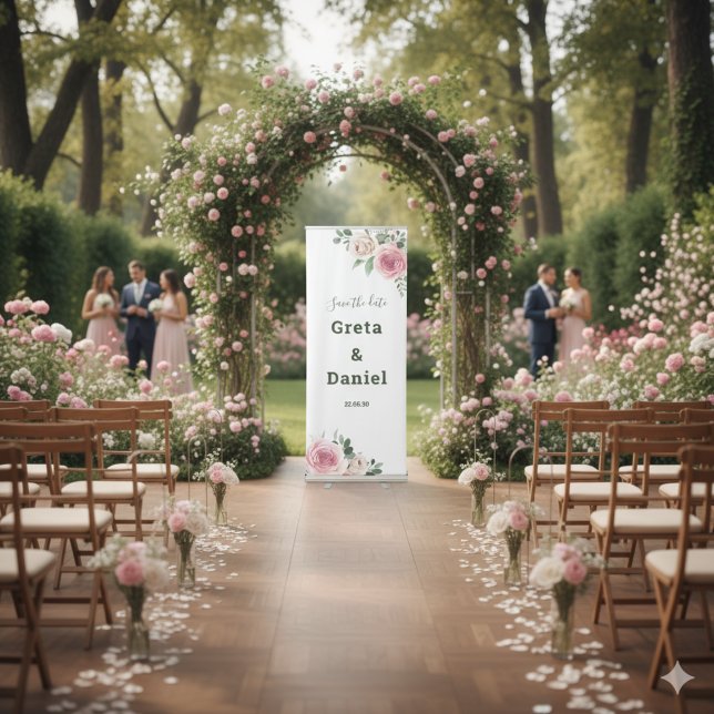 Pink Green Floral Roses Rustic Wedding Vertical  Retractable Banner (Creator Uploaded)