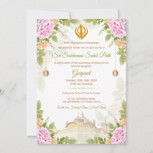 Pink & Green Floral Sukhmani Path Invitation Card (Front)