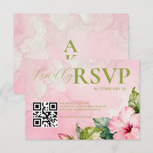 Pink Green Floral Summer Watercolor QRcode Wedding RSVP Card