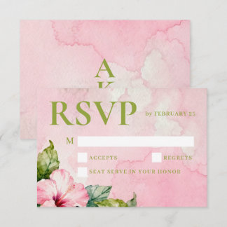 Pink Green Floral Summer Watercolor Wedding RSVP Card