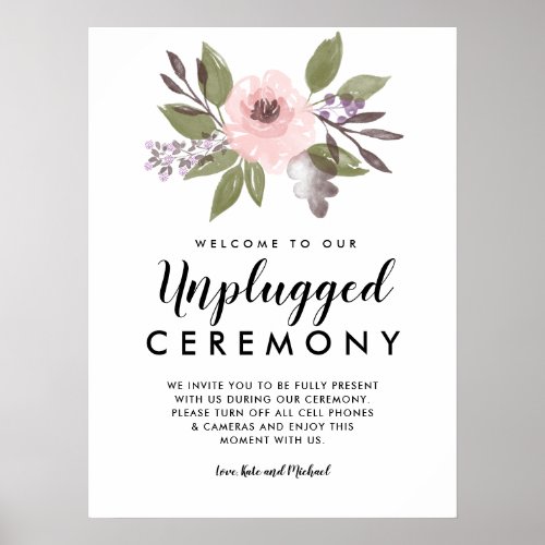 Pink Green Floral Unplugged Wedding Ceremony Sign