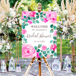 Pink green floral watercolor bridal welcome foam board