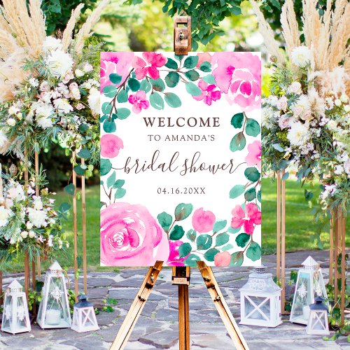 Pink green floral watercolor bridal welcome foam board