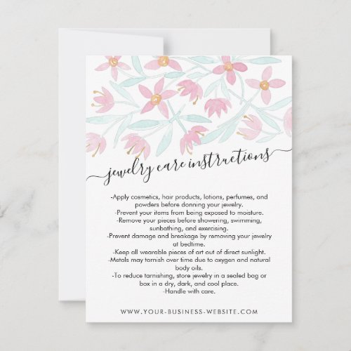 Pink Green Floral Watercolor Jewelry Care Card