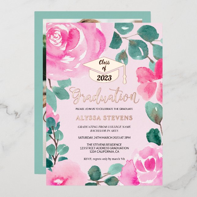 Pink green floral watercolor photo graduation foil invitation (Front/Back)
