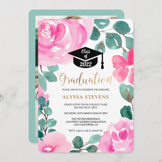 Pink green floral watercolor photo graduation invitation (Front/Back)