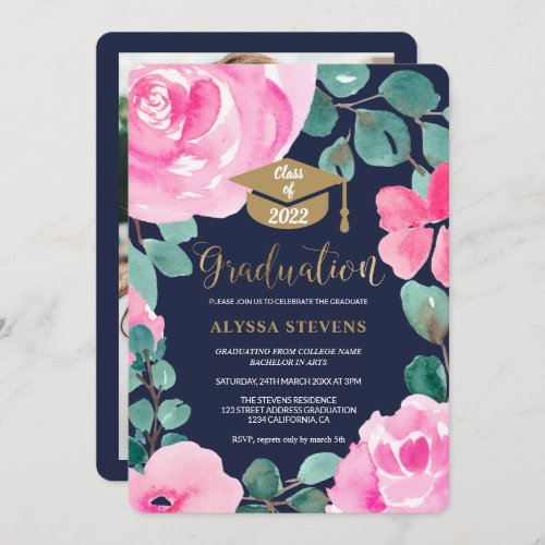 Pink green floral watercolor photo graduation navy invitation