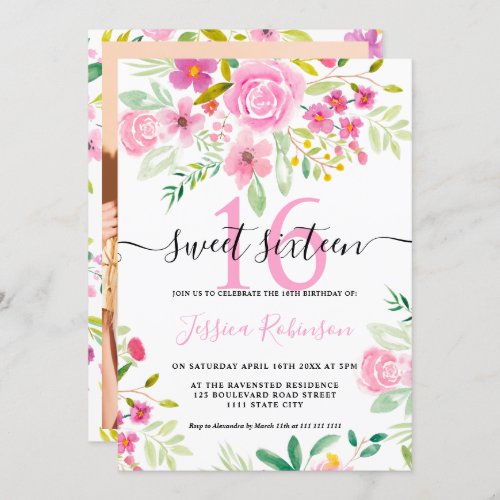 Pink green floral watercolor script Sweet 16 Invitation