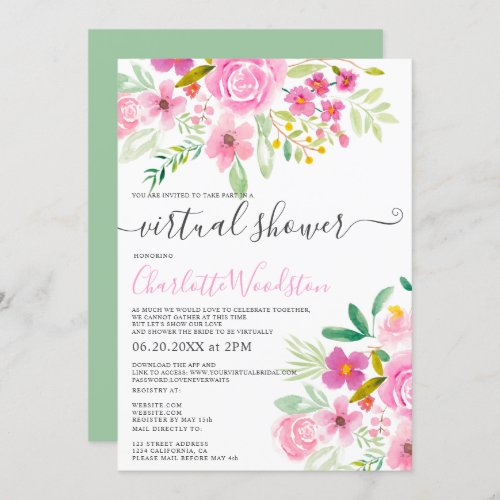 Pink green floral watercolor script virtual shower invitation