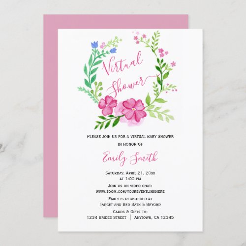Pink Green Floral Watercolor  Virtual Baby Shower Invitation