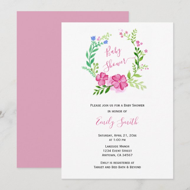 Pink Green Floral Watercolor | Virtual Baby Shower Invitation (Front/Back)