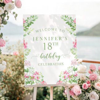 Pink Green Floral Wreath Birthday Welcome Sign