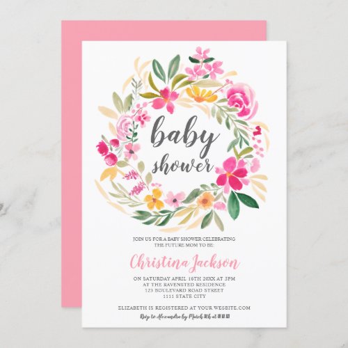 Pink green floral wreath watercolor baby shower invitation