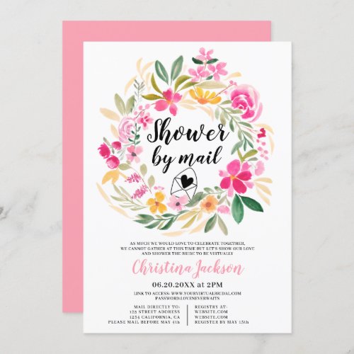 Pink green floral wreath watercolor shower by mail invitation
