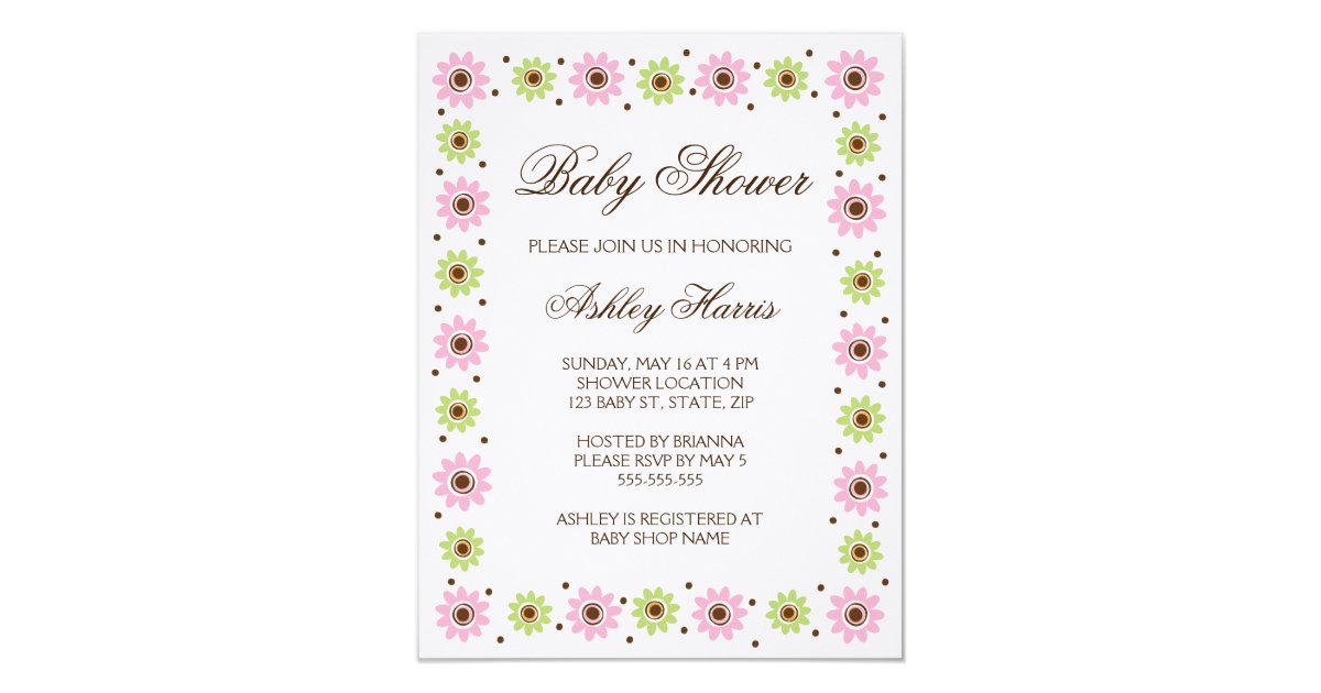 Pink Green Flower Border Baby Shower Invitation Zazzle Com