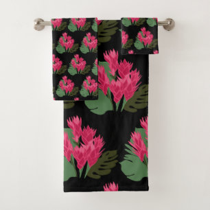 Pink Green Flowers Bath Towel Set