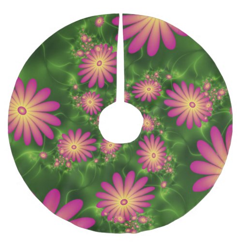 Pink Green Flowers Modern Abstract Fractal Art Brushed Polyester Tree Skirt