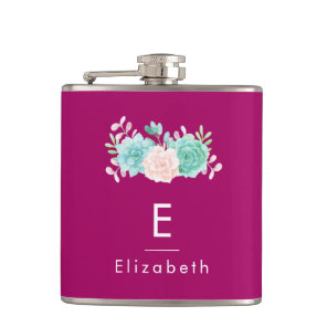 Pink & Green Flowers Monogram Hip Flask