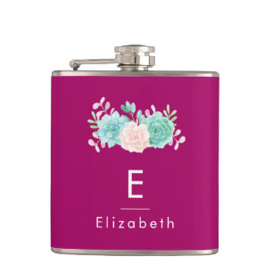 Pink & Green Flowers Monogram Hip Flask