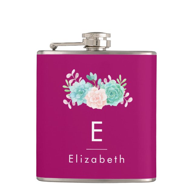 Pink & Green Flowers Monogram Hip Flask (Front)
