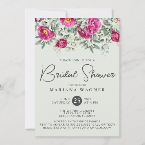 Pink Green Flowers on Sage Bridal Shower Invitation