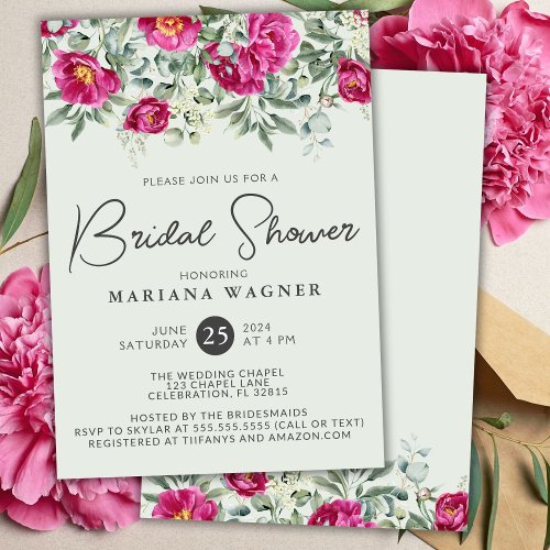 Pink Green Flowers on Sage Bridal Shower Invitation