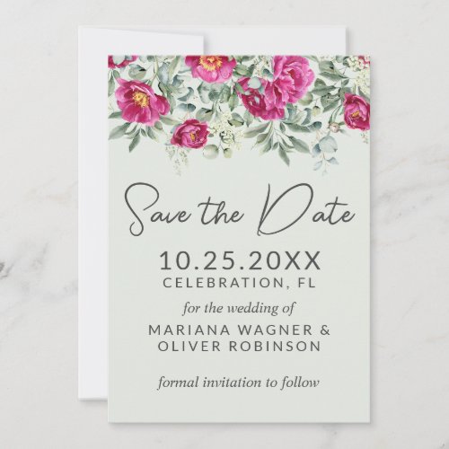 Pink Green Flowers Sage Save the Date Card