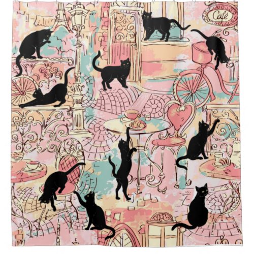 Pink Green French Cat Paris Cafe Shower Curtain