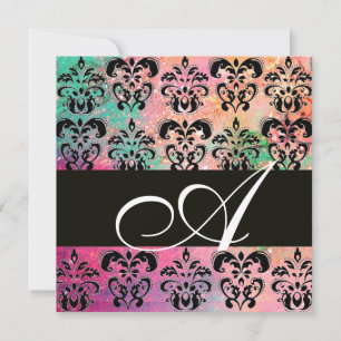 PINK GREEN FUCHSIA BLACK  DAMASK MONOGRAM , white Invitation