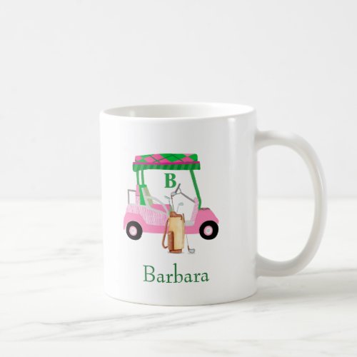 Pink Green Fun Golf Cart with Clubs Monogram  Coffee Mug