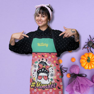 Pink Green Funny Halloween Momster  Apron