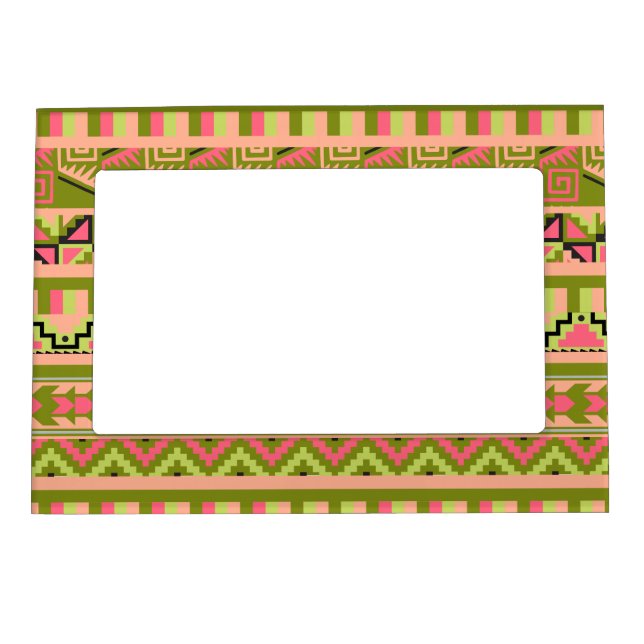 Pink Green Geo Abstract Aztec Tribal Print Pattern Magnetic Frame (Front)