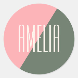 Pink Green Geometric Color Block Custom Name Classic Round Sticker