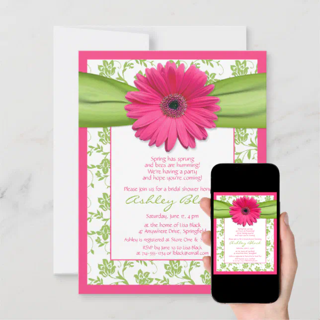 Pink Green Gerbera Daisy Bridal Shower Invitation Zazzle