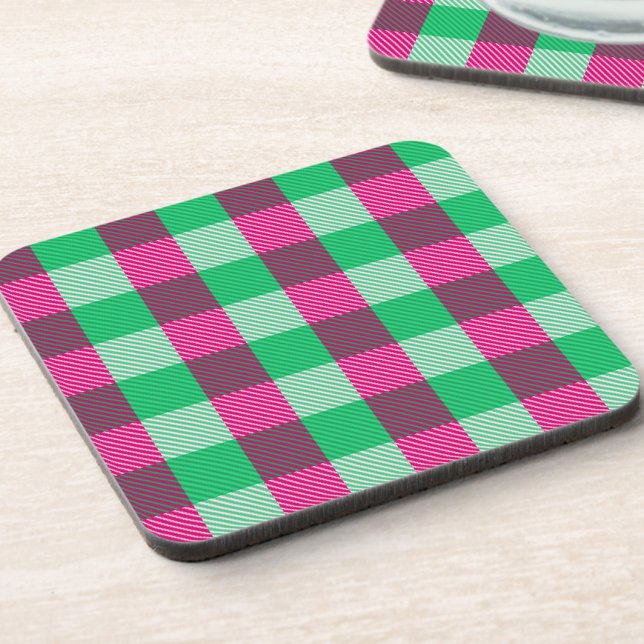 Pink Green Gingham Check Design  Beverage Coaster (Creator Uploaded)