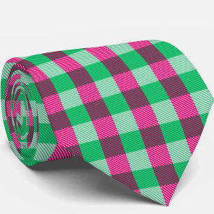 Pink Green Gingham Check Design Neck Tie