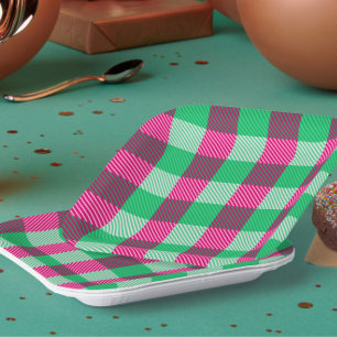 Pink Green Gingham Check Design Paper Plates
