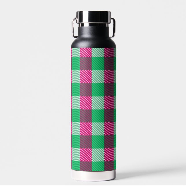 Pink Green Gingham Check Design  Water Bottle (Front)